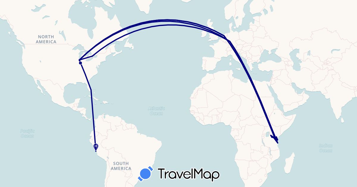 TravelMap itinerary: driving in Canada, Germany, Kenya, Netherlands, Peru, Tanzania, United States (Africa, Europe, North America, South America)